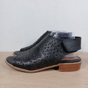 Sofft Heeled Sandals Women 9M Black Leather Cutout Studded Ankle Strap Slingback